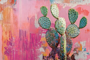 Wall Mural - Prickly pear cactus stands against a vibrant pink abstract background