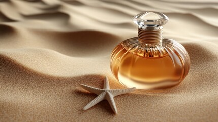 Sticker - Perfume bottle on beach sand, seashell, luxury