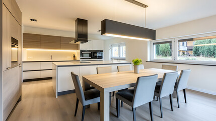 Wall Mural - A modern kitchen with a large table and chairs