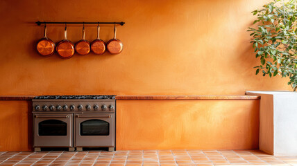 Wall Mural - Warm toned kitchen with burnt orange walls and copper pans