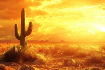 Poster - Majestic cactus stands tall against a vibrant desert sunset backdrop