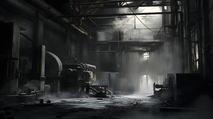 Poster - Abandoned and Decaying Industrial Factory Interior with Rusted Machinery and Billowing Smoke