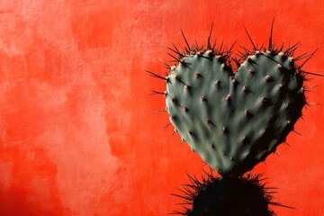 Wall Mural - Heart shaped cactus with thorns stands against a bright orange background