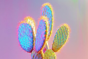 Wall Mural - Vibrant colorful opuntia cactus stands against a dreamy pastel background