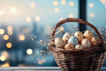 Wall Mural - Colorful decorated eggs in a woven basket with soft bokeh background during springtime celebration