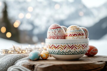 Wall Mural - Colorful Easter eggs displayed in a bowl on a snowy landscape with mountains and lights in the background