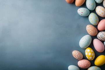 Wall Mural - Colorfully decorated Easter eggs arranged on a blue surface during the spring season