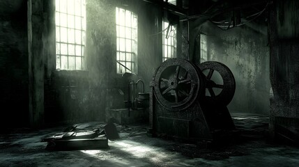 Poster - Abandoned Industrial Factory with Rusty Gears and Machinery in Dark Moody Atmosphere