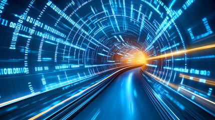 Wall Mural - a vibrant digital tunnel with flowing binary code in shades of blue and orange illuminates the path 