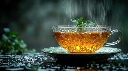 Wall Mural - Steaming mint tea, rain, outdoors, refreshment