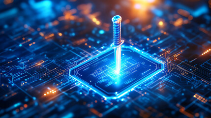 Wall Mural - a sword stands upright within a vibrant microchip set in a blue neon circuit board. the background i