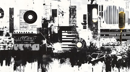 Aufkleber - Abstract Monochrome Geometric Collage with Contrasting Patterns and Layered Textures