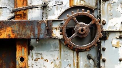 Poster - Aged and Weathered Industrial Machinery with Intricate Gears and Cogs in a Dilapidated Abandoned Factory