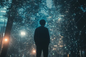 Silhouette of software engineer analyzing intricate network connections projected onto a vibrant night cityscape, embracing the future of technology