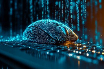 Wireless mouse receiving binary data stream while placed on blurred keyboard, representing digital communication and technology