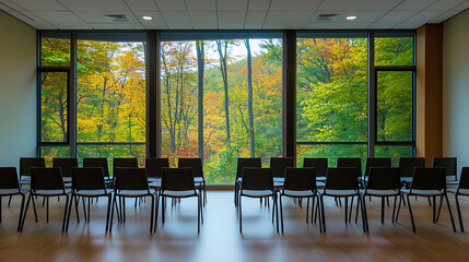 Wall Mural - Empty chairs arranged in a room with large windows overlooking a forest.