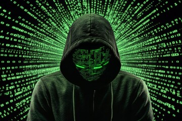 hacker wearing a futuristic digital mask and hoodie is stealing data, binary code flows in backgroun