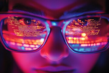 Close-up of programmer wearing glasses reflecting lines of code, bathed in futuristic neon light