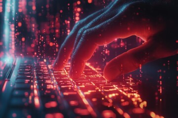 Software developer programming futuristic software code typing on keyboard developing new application