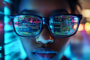 Close-up of programmer wearing glasses reflecting lines of code, showcasing cybersecurity and software development