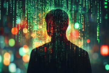 Silhouette of computer programmer working with falling number code on blurred background, concept of digital disruption