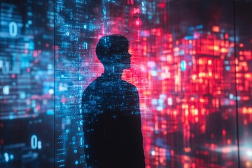 Silhouette of programmer looking at futuristic binary code projected on a screen with red and blue lights