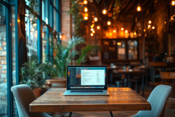Open laptop displaying lines of code resting on a wooden table inside a trendy cafe restaurant, suggesting remote work or digital nomad lifestyle