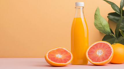 Canvas Print - A bottle of juice is next to a sliced orange