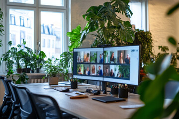 office desk with computer showing online meeting participants in a green, plant-filled workspace