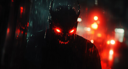 A terrifying figure emerges from the shadows, its red eyes piercing through the rainy darkness of a city night