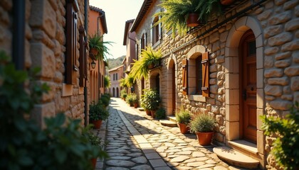  Charming Stone Village Street with Rustic Architecture and Lush Greenery