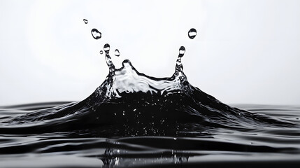 Poster - Dramatic splash of dark black water with dynamic droplets in motion creating an abstract minimalist and conceptual backdrop with smooth sleek textures and moody atmospheric contrasts