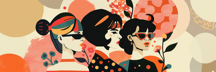 Naklejka na meble Flat 60's style illustration about women's right to vote, with a group of different women together, with geometric elements in a minimalist style