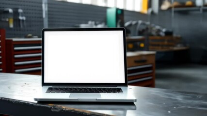 Laptop Mockup in Industrial Workshop Setting