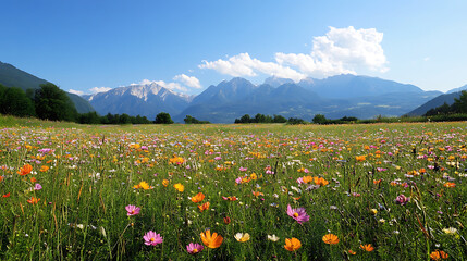 Wall Mural - A field of flowers with mountains in the background