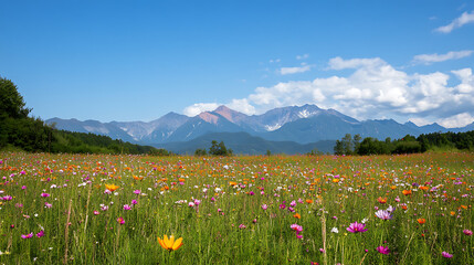 Wall Mural - A field of flowers with mountains in the background