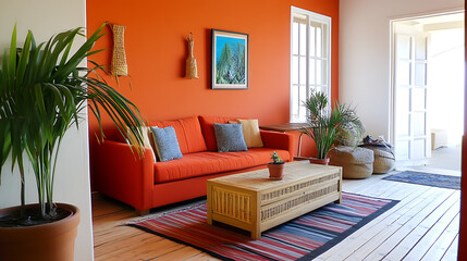 Wall Mural - A bright orange room with a couch a coffee table and a potted plant