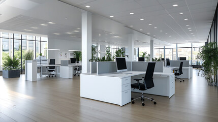 Wall Mural - A large open office space with a white desk and a black chair