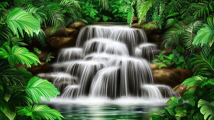 Wall Mural - Lush rainforest waterfall scene, tranquil natural setting. Possible use Nature backdrop, website design