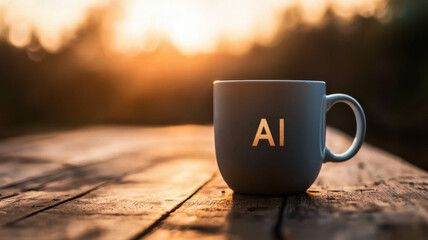 Wall Mural - coffee mug with AI text on wooden table at sunrise