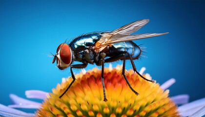 macro close up of vivid housefly on blue background
