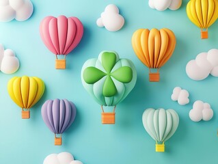 Poster - A cheerful design featuring colorful hot air balloons shaped like clovers, floating over a rainbowfilled sky