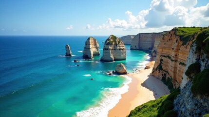 Wall Mural - Oceanfront Cliffs and Turquoise Waters A Picturesque Coastal Scene with Sandy Beach