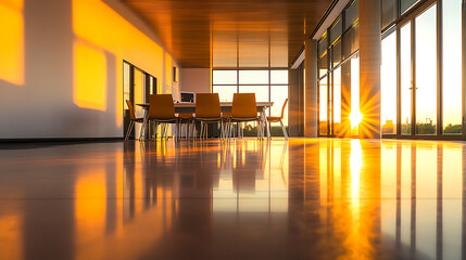 Wall Mural - Sunset illuminates a modern conference room ready for a meeting. The warm light reflects on the polished floor.