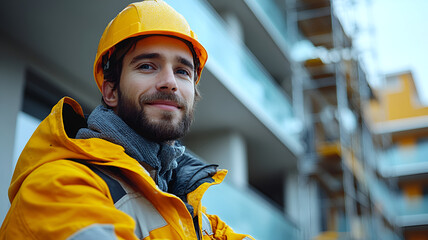 construction worker wearing yellow hard hat and jacket smiles confidently at camera, with scaffolding in background