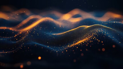 Wall Mural - Golden particles flow, dark background, abstract wave, digital art, website header