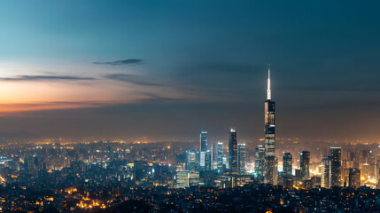 Wall Mural - Night view of illuminated skyscraper in a city skyline. Bright lights against a dark sky.