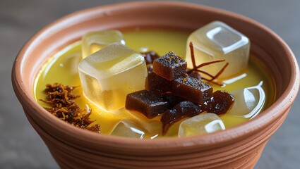 A vibrant Tamarind and jaggery sherbet in a rustic clay cup, with ice cubes, jaggery crunch, and tamarind pulp, set against a warm, earthy background, evoking cultural heritage.