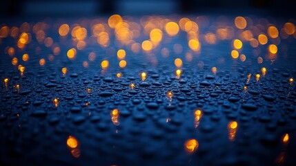 Poster - Night rain, bokeh lights, wet surface, city background, abstract