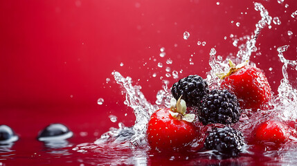 Canvas Print - Fresh berries splashing in water vibrant colors against a red background.